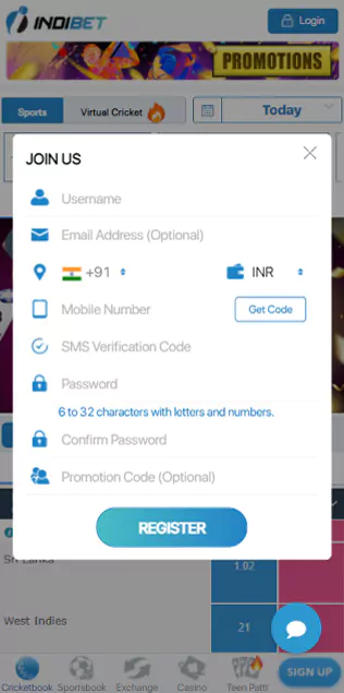 Indibet registration fields.