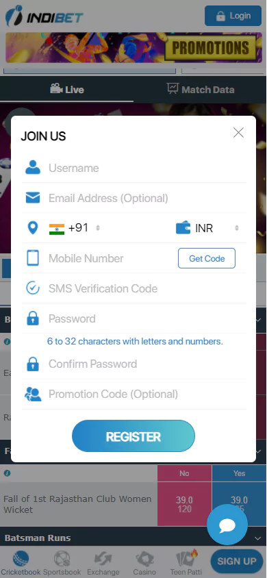 Fill in the required information in the Indibet registration form.